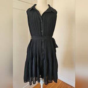 Joie Black Pleated Button-Front Midi Dress with Tie Waist XL